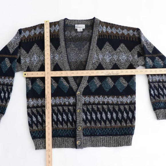 Vintage City Streets Black Brown 3D Pattern Eclectic Grandpa Cardigan Sweater L - Picture 3 of 11